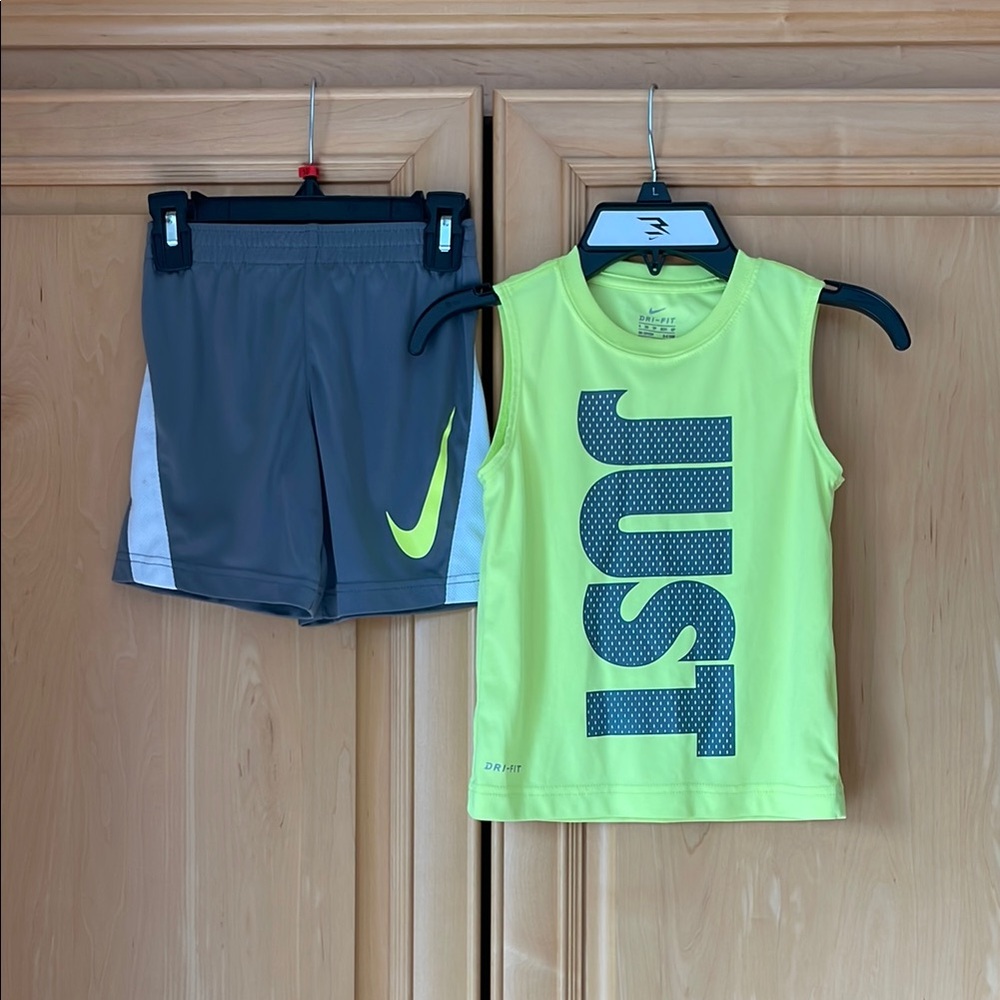 Nike Kids Neon Green Tank and Gray Shorts Set